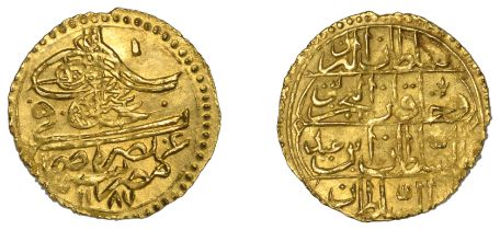 Abdul Hamid I, Half-Zeri Mahbub, Misr 1187h, 'abd, 1.29g/12h (OC 27-031-02; ICV 3413). Small...