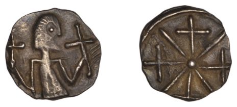 Early Anglo-Saxon Period, Sceatta, Primary series W, type 54, half-length figure right weari...