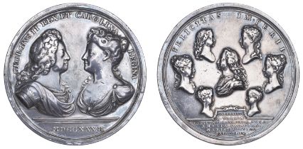 The Royal Family, 1732, a silver medal by J. Croker & J.S. Tanner, busts of George II and Qu...