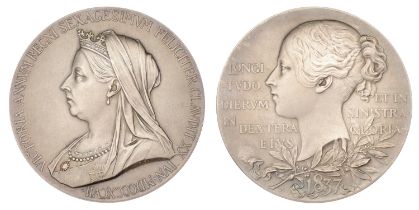 Victoria, Diamond Jubilee, 1897, a silver medal by G.W. de Saulles, diademed veiled bust lef...