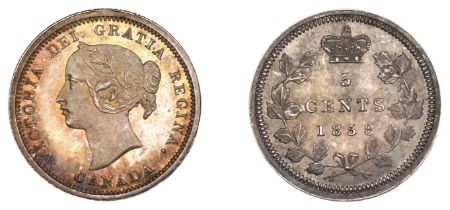 Canada, Victoria, Specimen 5 Cents, 1858, edge plain, 1.16g/12h (cf. KM 2). Toned, about as...