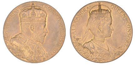 Edward VII, Coronation, 1902, a bronze medal by G.W. de Saulles, crowned bust right, rev. cr...