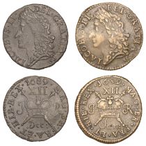 James II (1685-1691), Gunmoney coinage, Shillings (2), 1689 Dec:, 6.69g/12h, 1689 Jan:, 6.51...