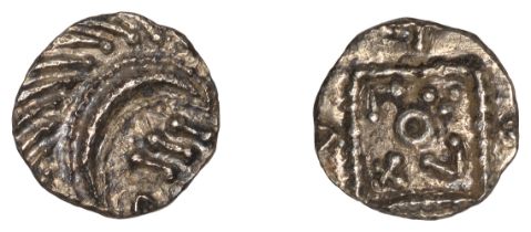 Early Anglo-Saxon Period, Sceatta, Continental series E, tertiary issue, porcupine-like figu...