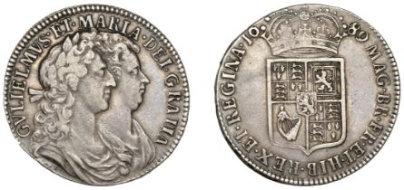 William and Mary (1688-1694), Halfcrown, 1689, second shield, caul frosted, pearls, no stop...