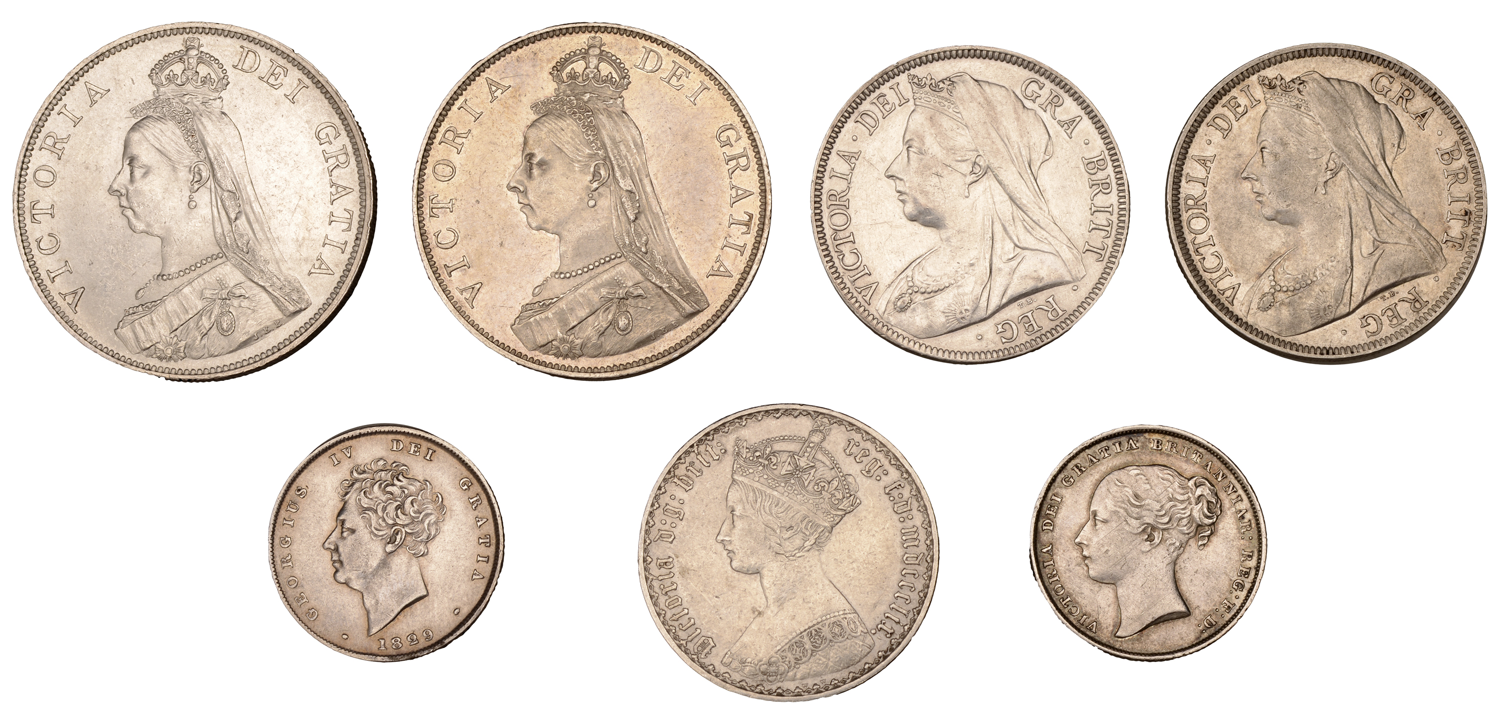 George IV, Shilling, 1829 (S 3812); Victoria, Double Florins (2), 1888, 1889 (S 3923); Halfc...