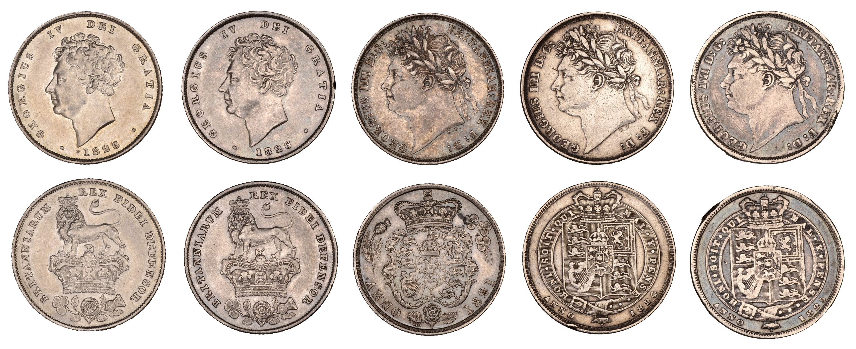 George IV, Shillings (5), 1821, 1824, 1825, 1826 (2) (S 3810-2) [5]. Varied state Â£100-Â£150