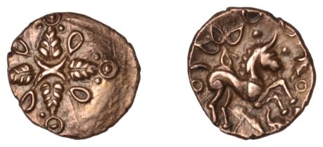 British Iron Age, Catuvellauni, Tasciovanus, Quarter-Stater, two crescents back-to-back at c...