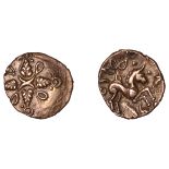 British Iron Age, Catuvellauni, Tasciovanus, Quarter-Stater, two crescents back-to-back at c...