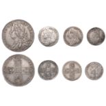 George II, Halfcrown, 1745 lima, Sixpences (2), 1745 lima, 1757, Fourpence, 1746 (S 3695A, 3...