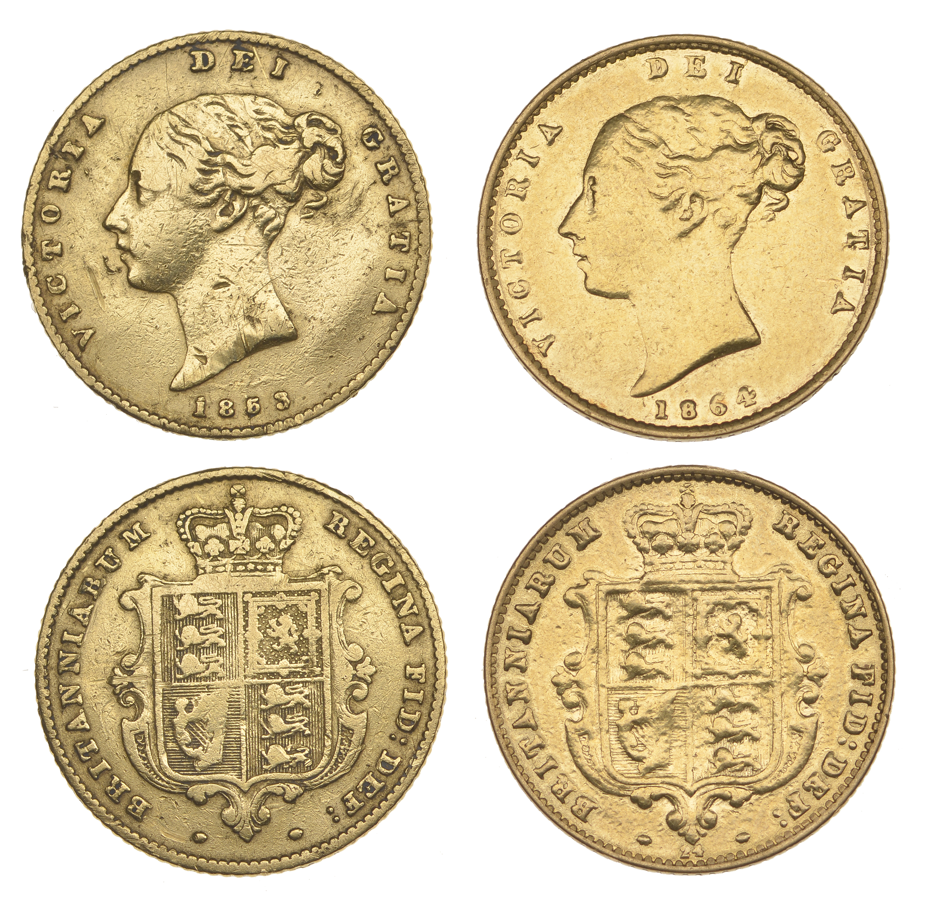 Victoria, Half-Sovereigns (2), 1853, 1864 (S 3859, 3860) [2]. First scuffed, second gilt, ot...