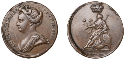 Anne (1702-1714), Pattern Halfpenny, undated, in copper, large draped bust left, rev. Britan...