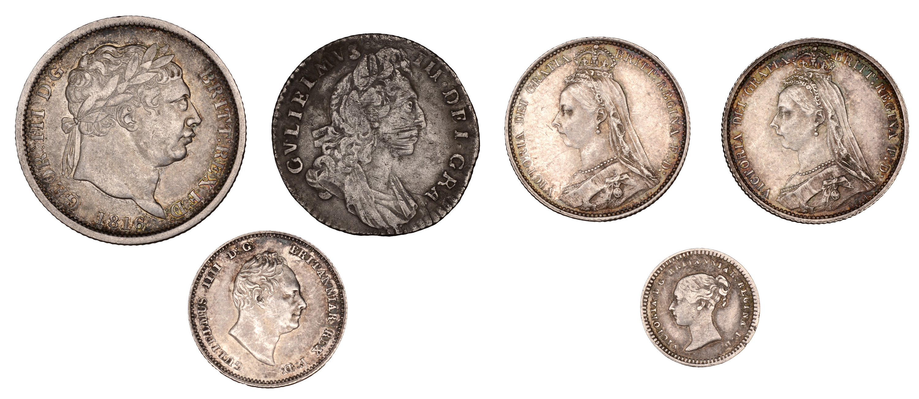 William IV, Britannia Groat, 1836 (S 3837); Victoria, Sixpences (2), both 1887 withdrawn typ...