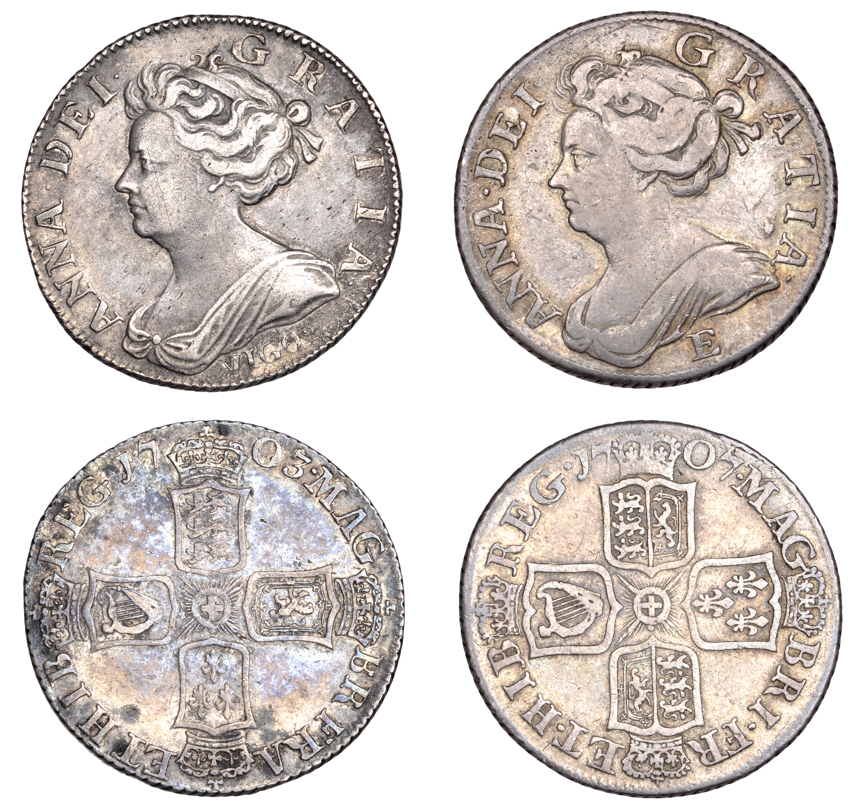 Anne, Shillings (2), 1703, vigo, second bust, 1707e, third bust (S 3586, 3612) [2]. Second g...