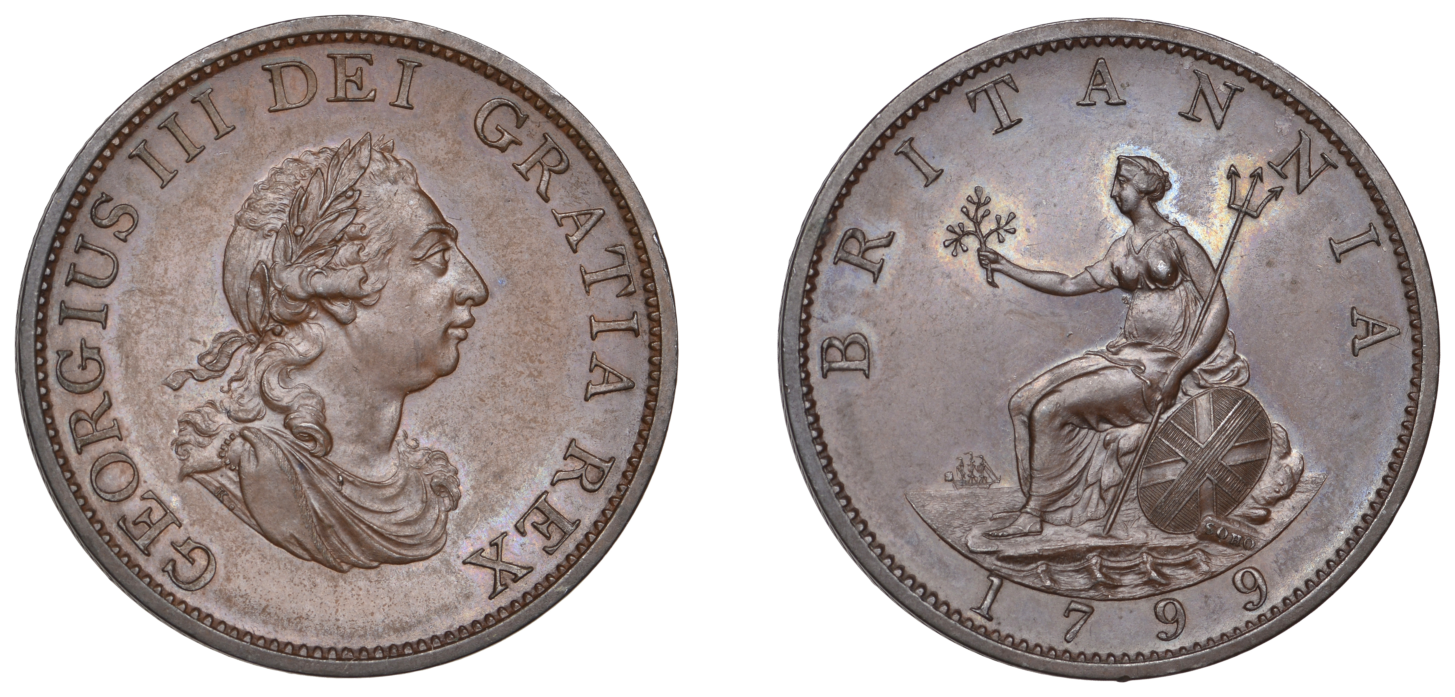 George III (1760-1820), Pre-1816 issues, Pattern Halfpenny, 1799 (early Soho), in bronzed co...