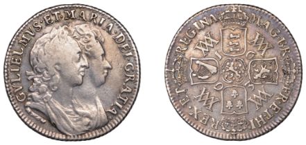 William and Mary (1688-1694), Shilling, 1693 (9 over 0), stops after gratia and regina (ESC...