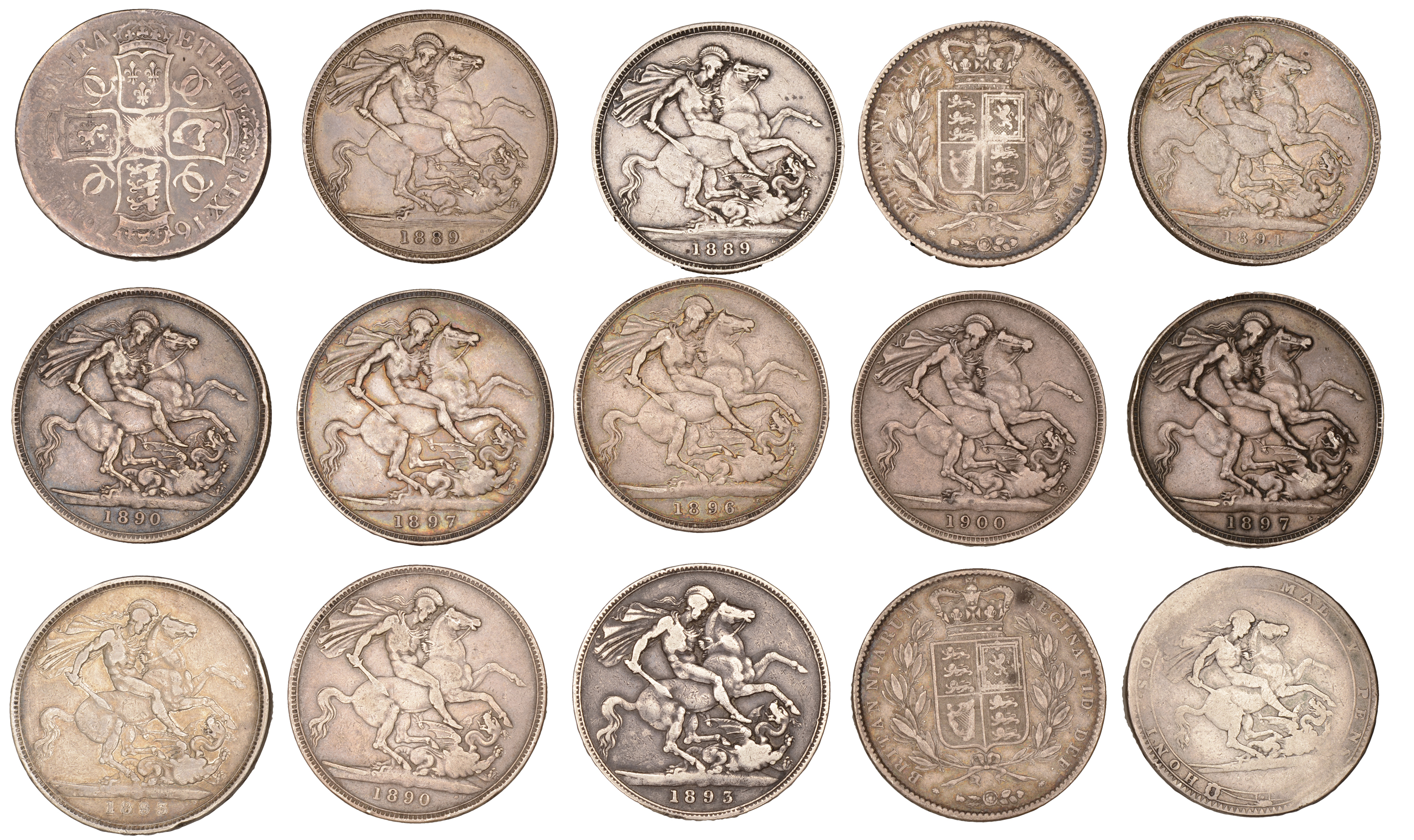 Charles II to Victoria, Crowns (15), 1676, 1819, 1844, 1845, 1889 (2), 1891, 1890 (2), 1893... - Image 2 of 2