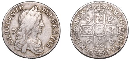 Charles II (1660-1685), Shilling, 1663, first bust, shields of Scotland and Ireland transpos...