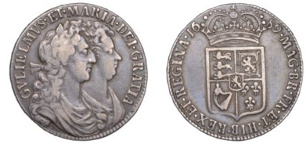 William and Mary (1688-1694), Halfcrown, 1689, first shield, caul only frosted, pearls, edge...