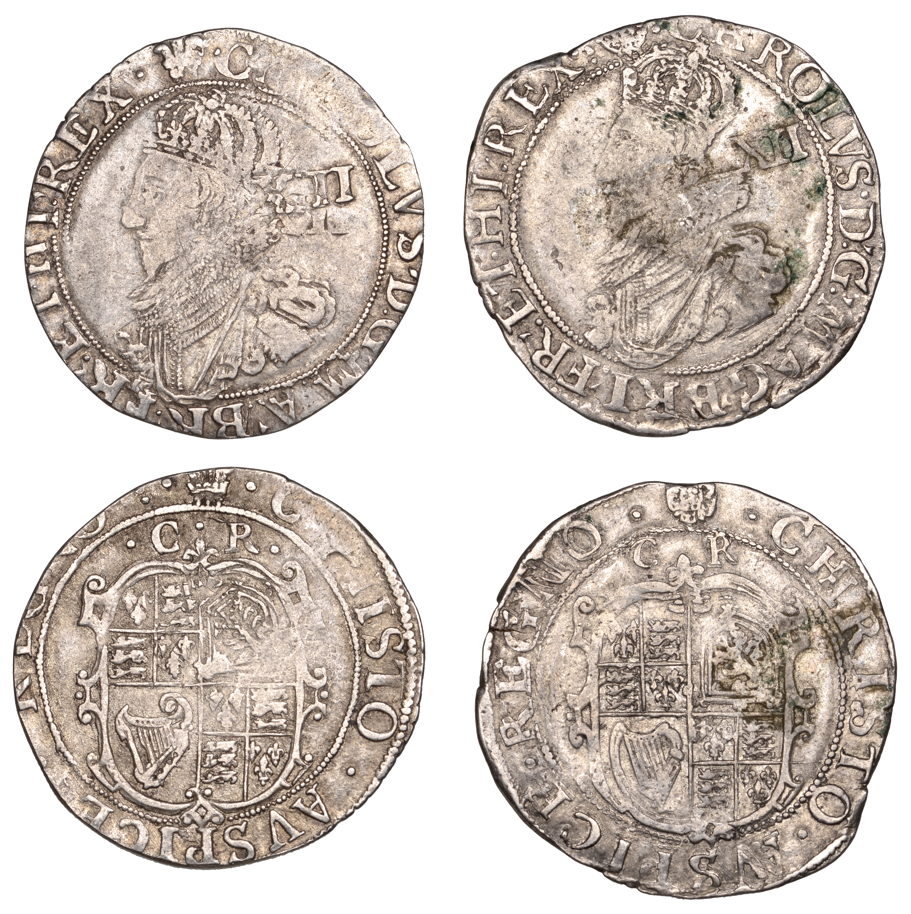 Charles I, Tower mint, Shillings (2) both Gp C, mm. plumes, 5.24g/10h, mm, rose, 5,63g/10h (...