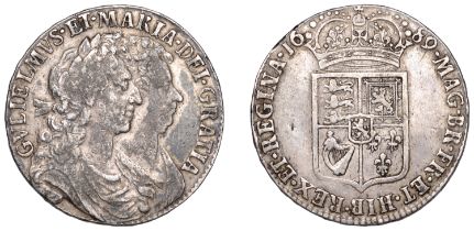 William and Mary (1688-1694), Halfcrown, 1689, first shield, caul only frosted, pearls, edge...