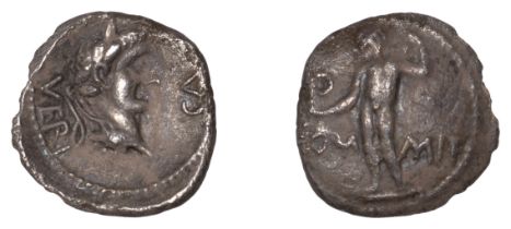British Iron Age, ATREBATES and REGNI, Verica, silver Unit, standing man holding lituus divi...