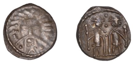 Early Anglo-Saxon Period, Sceatta, Eclectic series R, type 30a, Wodan head with radiate hair...