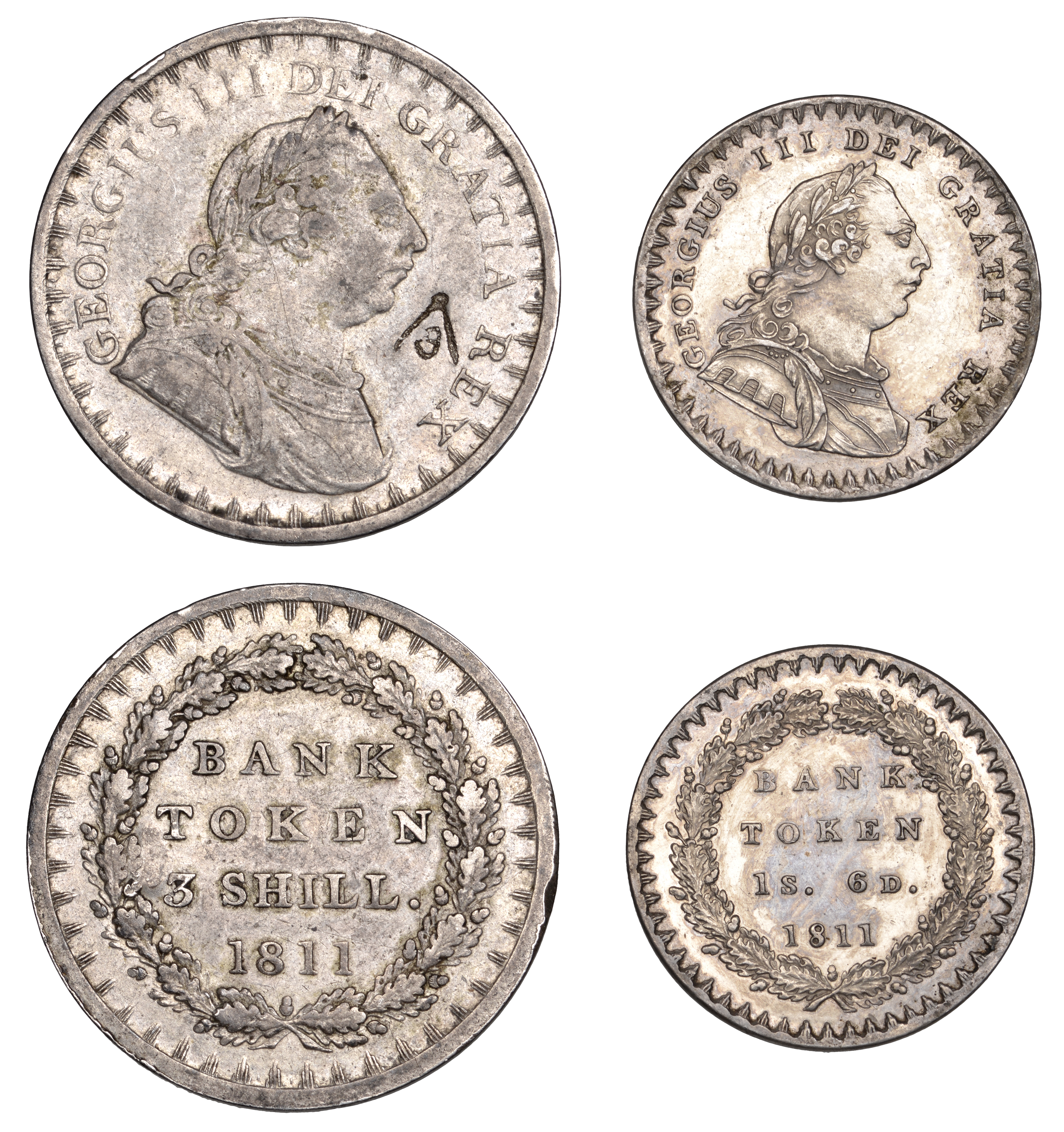 George III, Bank of England, Three Shillings, Eighteen Pence, both 1811 (S 3769, 3771) [2]....