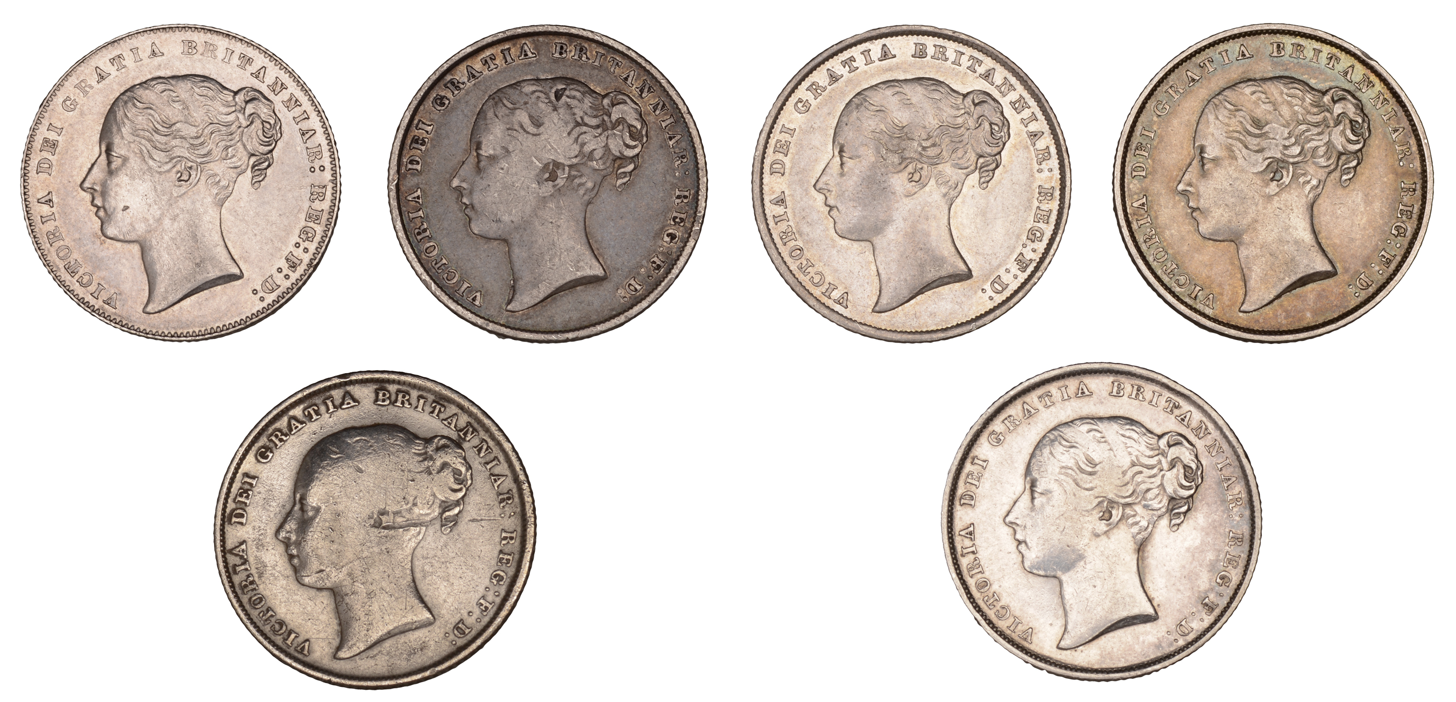 Victoria, Shillings (6), 1839 (2), 1842, 1844, 1849, 1859 (S 3904) [6]. Varied state Â£100-Â£...