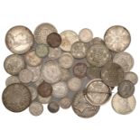 Miscellaneous British coins in silver (20), base metal (26) [46]. Varied state, one brooch-m...