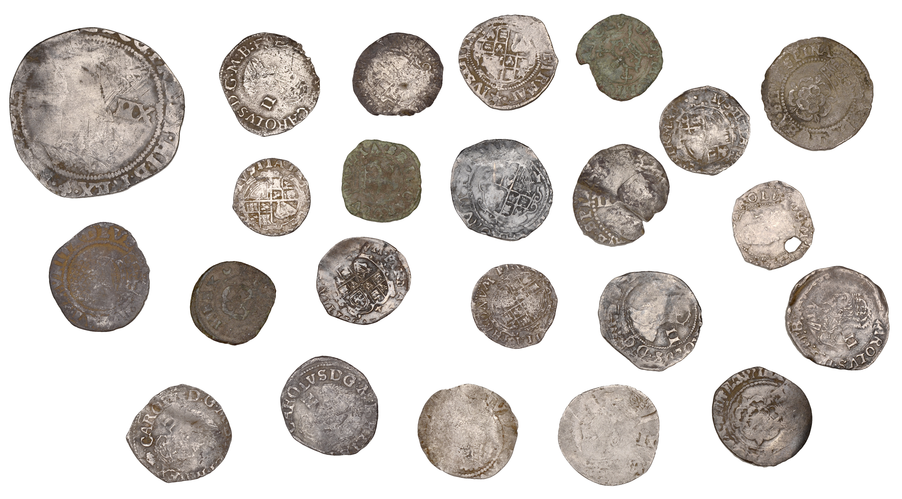 James I, Second coinage, Halfgroat, mm. lis, 0.98g/1h (S 2659); Charles I, Halfgroat, Gp D,...