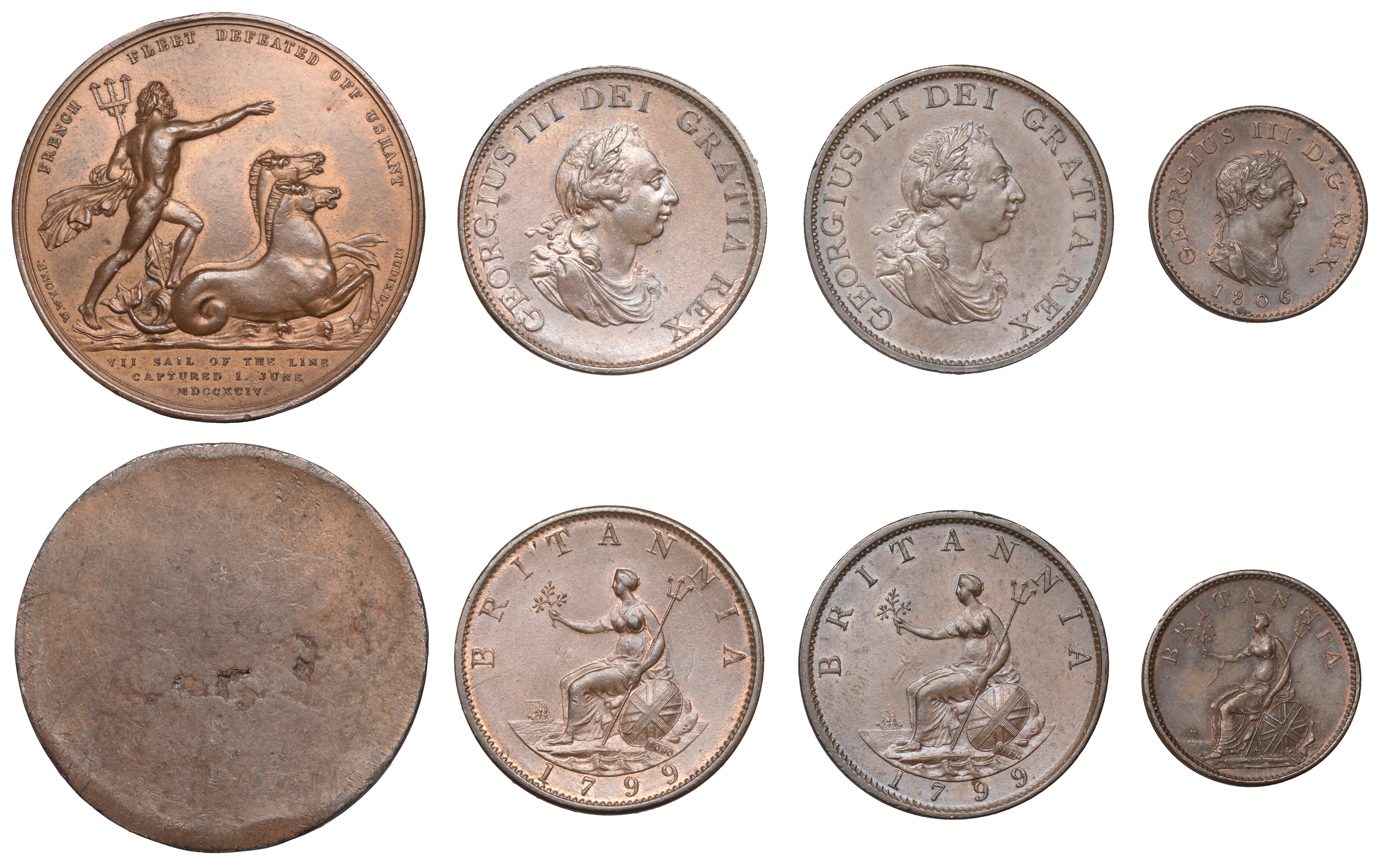 George III, Halfpence (2), both 1799, Farthing, 1806 (S 3778, 3782); together with a uniface...