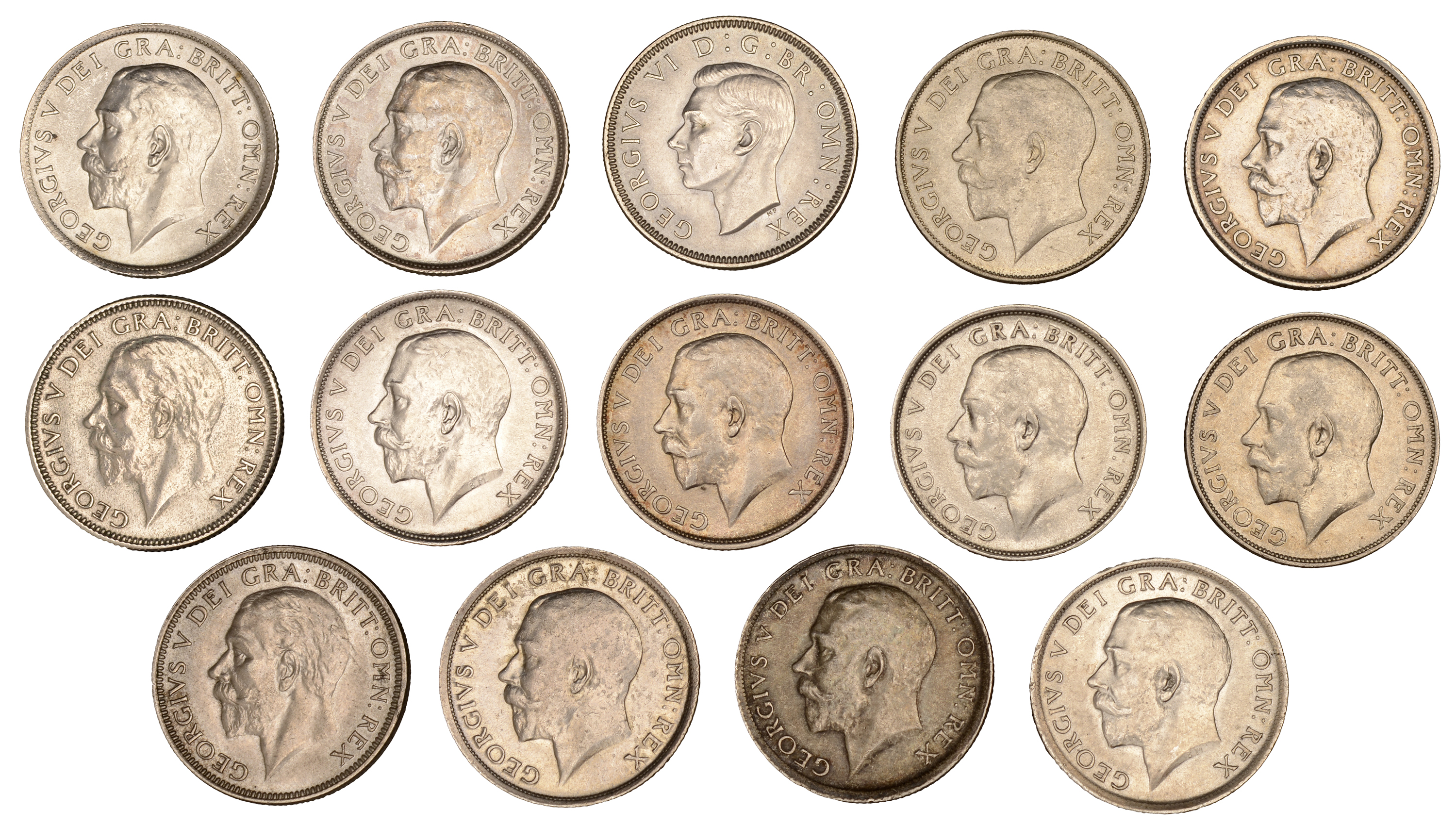 George V, Shillings (13), 1911, 1912, 1914 (2), 1915, 1916 (2), 1917, 1918, 1919, 1921, 1927...