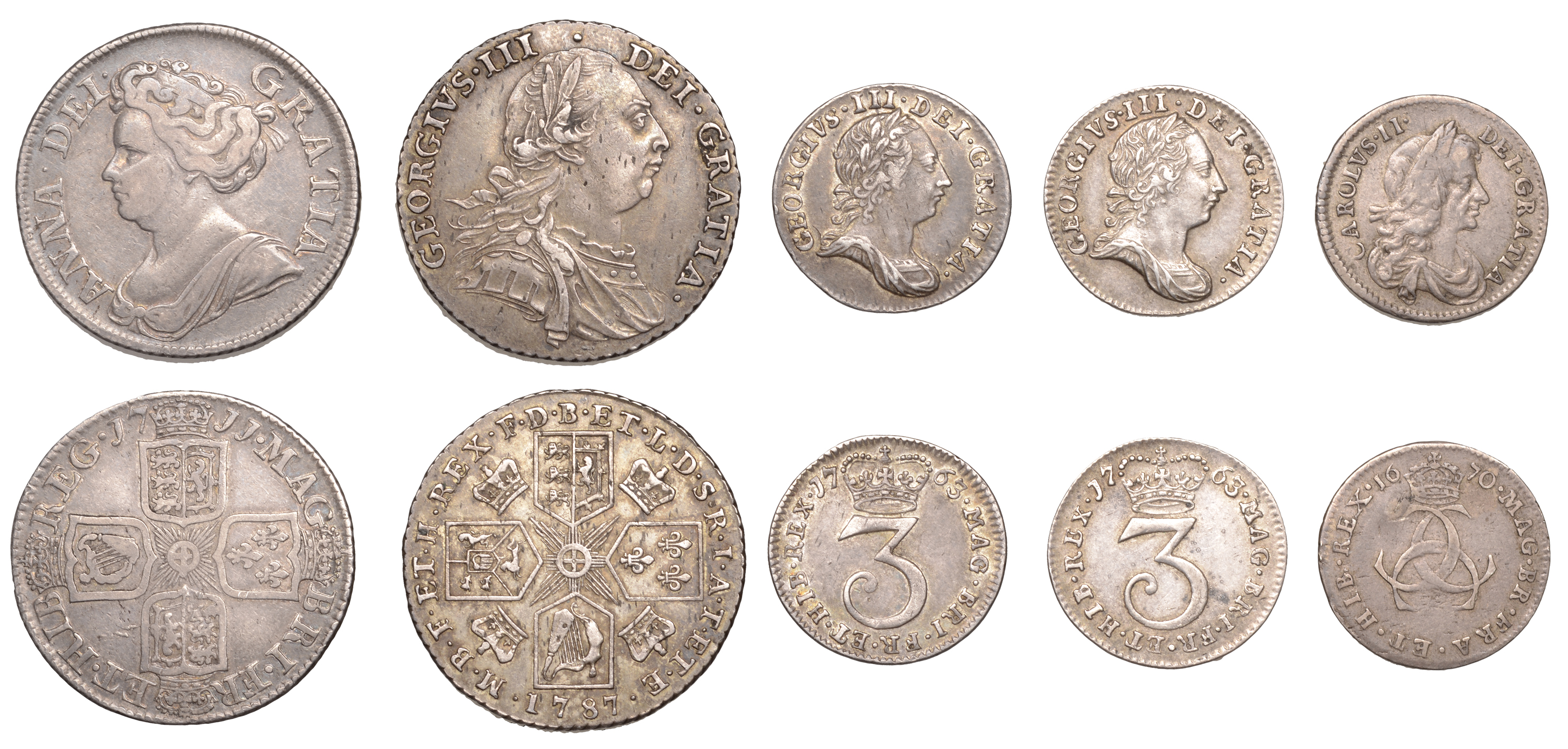 Charles II, Threepence, 1670 (S 3386); Anne, Shilling, 1711, fourth bust (S 3618); George II...