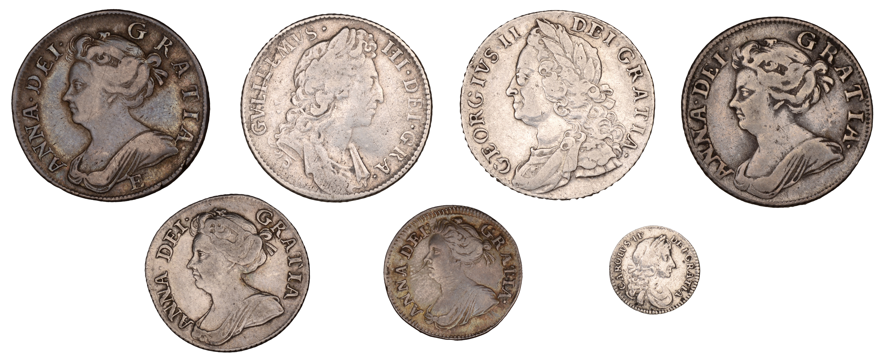 Charles II to George II, Shillings (4), 1696, 1707e, 1708, 1758; Sixpence, 1711, Threepence,...