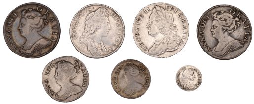 Charles II to George II, Shillings (4), 1696, 1707e, 1708, 1758; Sixpence, 1711, Threepence,...