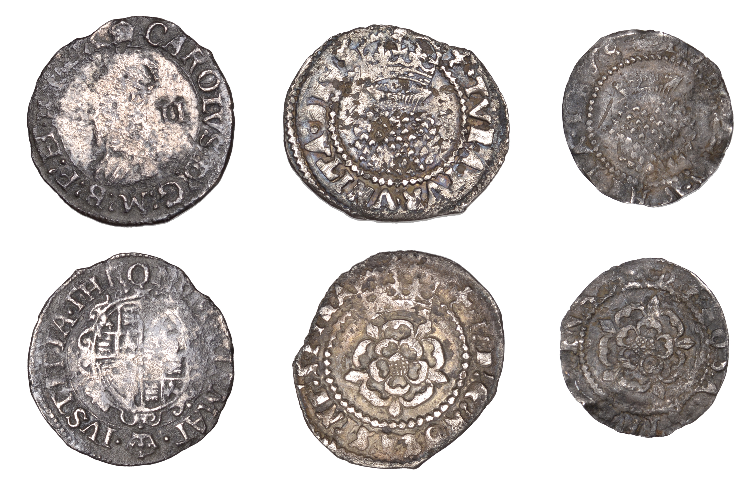 James I, Halfgroat, mm. trefoil, 0.91g/1h, Penny, mm. rose (?), 0.35g/12h (S 2659, 2661); to...