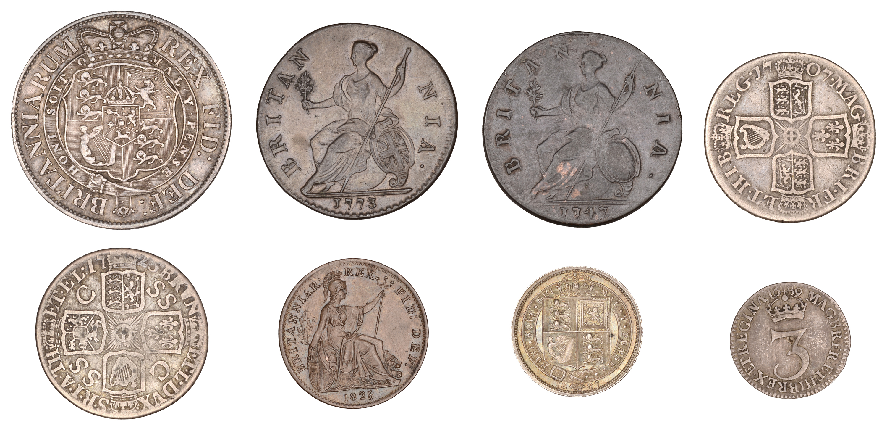 William and Mary to Victoria, Halfcrown, 1817 small head, Shillings (2), 1707e, 1723 ssc, S... - Image 2 of 2