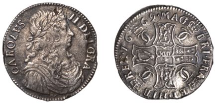 Charles II (1649-1685), First coinage, Merk, 1669, type II, thistle below bust, pellet after...