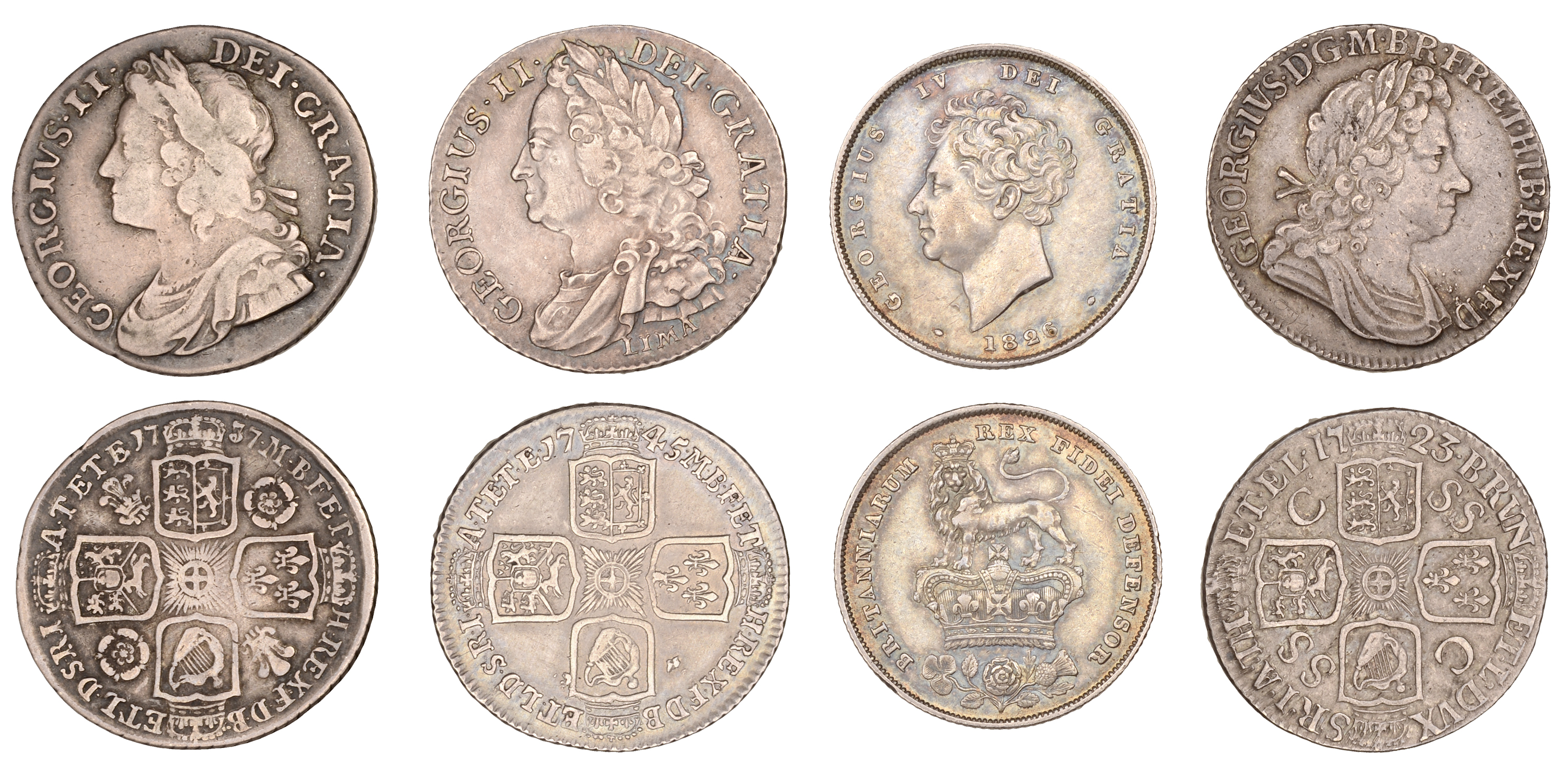 George I to George IV, Shillings (4), 1723 ssc, 1737, rose and plumes, 1745 lima, 1826 [4]....