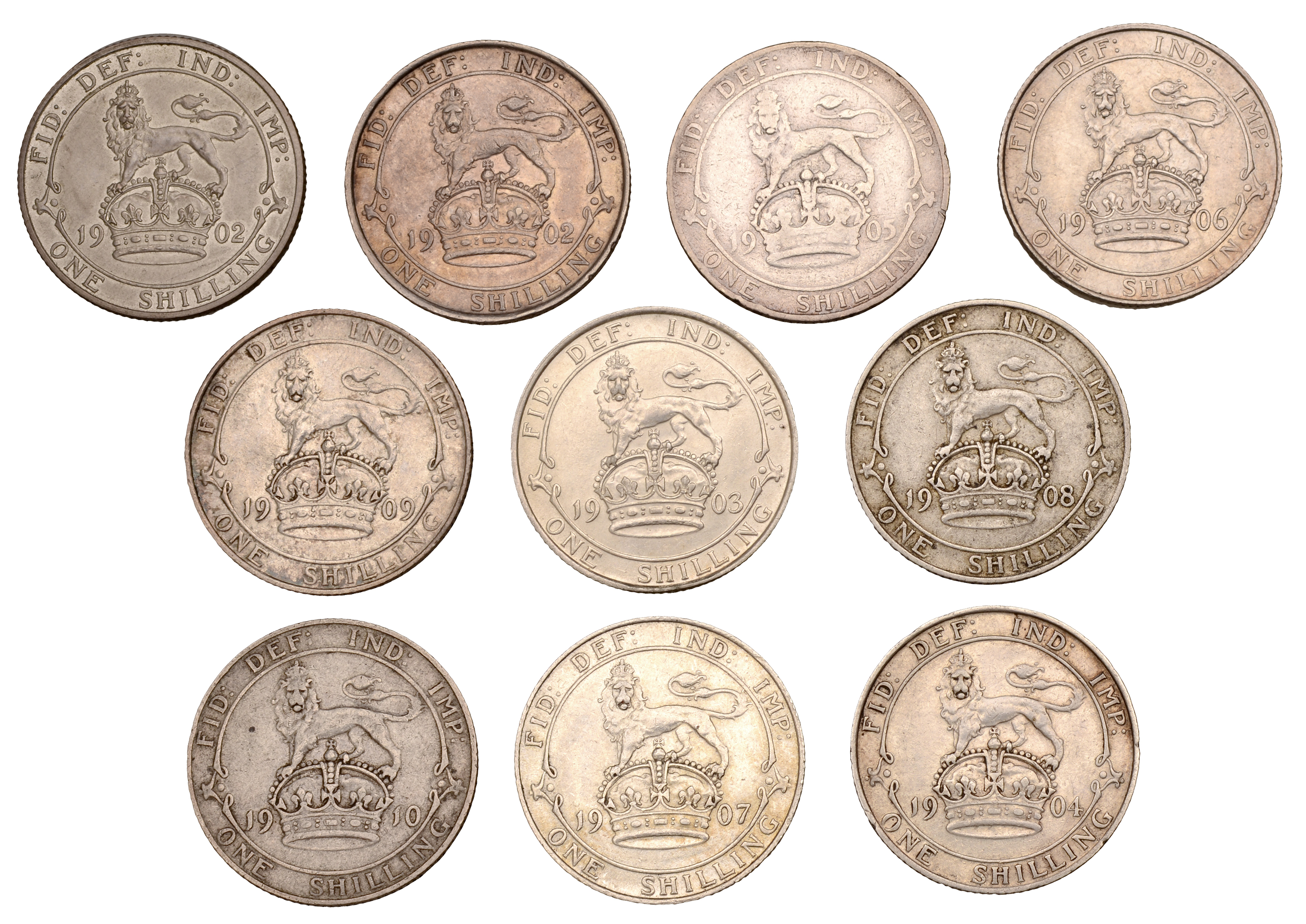 Edward VII, Shillings (10), 1902 (2, Proof and currency), 1903-1910 inclusive [10]. 1905, 19... - Image 2 of 2
