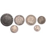 George II, Halfcrown, 1746 lima (S 3695A); together with other silver coins (4), all George...