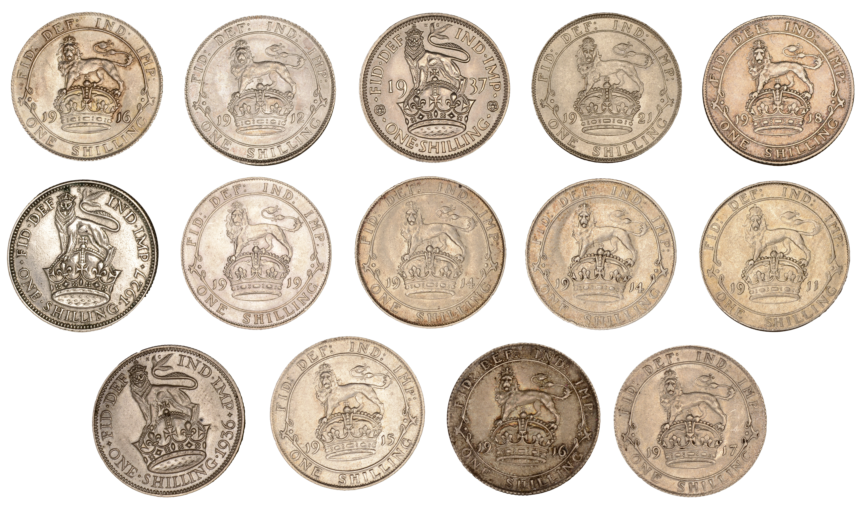 George V, Shillings (13), 1911, 1912, 1914 (2), 1915, 1916 (2), 1917, 1918, 1919, 1921, 1927... - Image 2 of 2