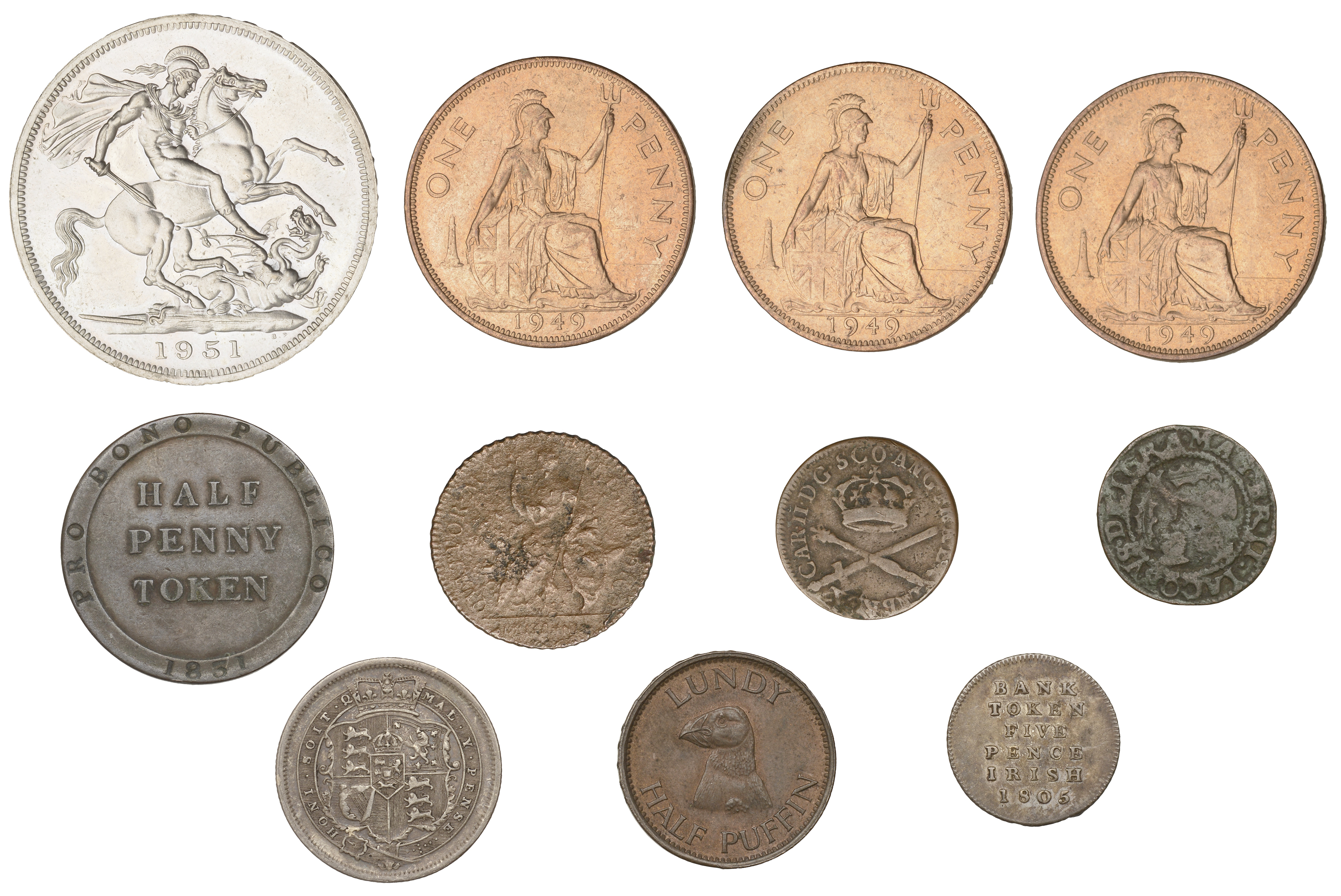 Charles II, Pattern Farthing, in copper, date (1665) unclear (BMC 409); George III, Shilling... - Image 2 of 2