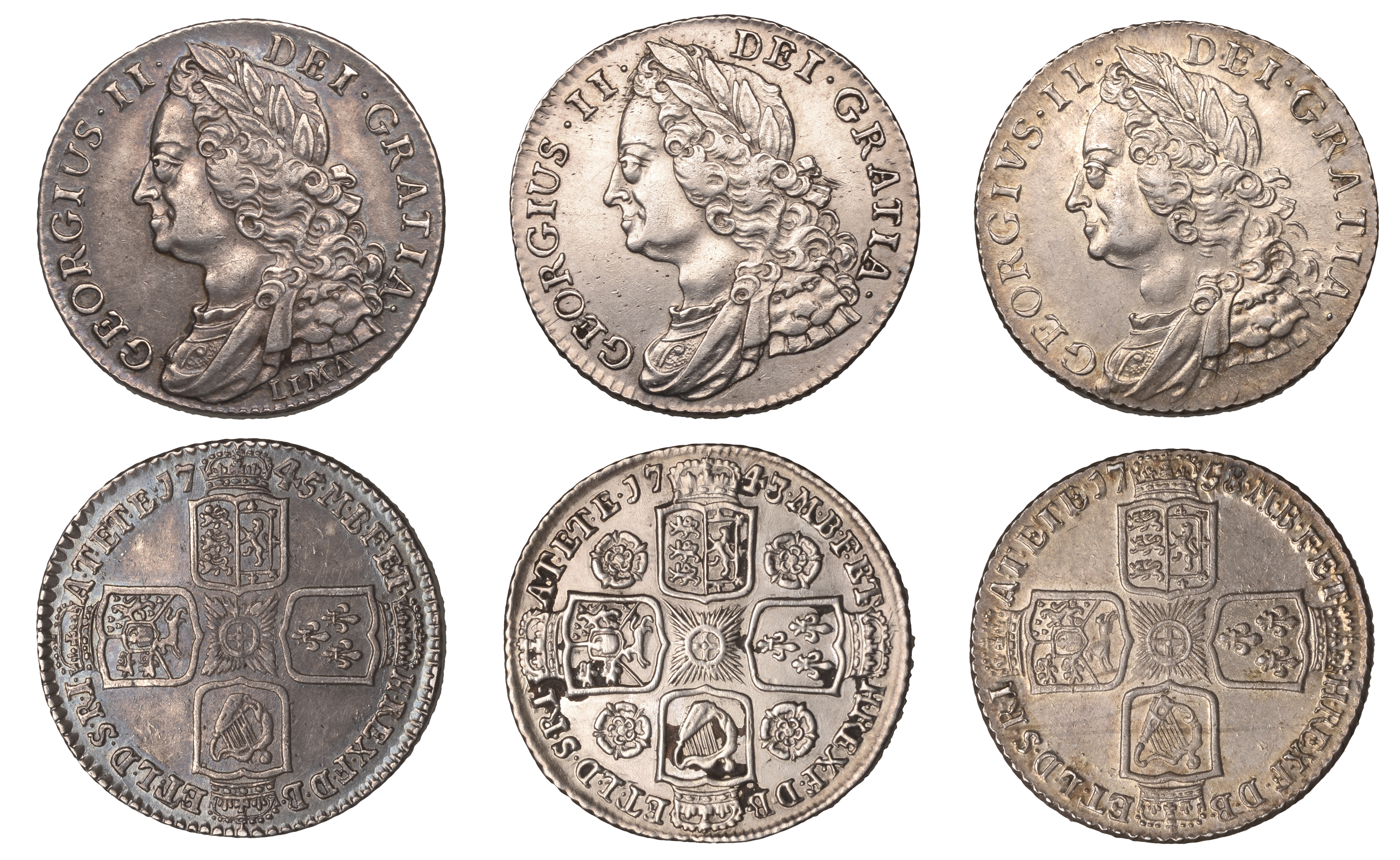 George II, Shillings (3), 1743 roses, 1745 lima, 1758 (S 3702-4) [3]. Very fine or better, f...