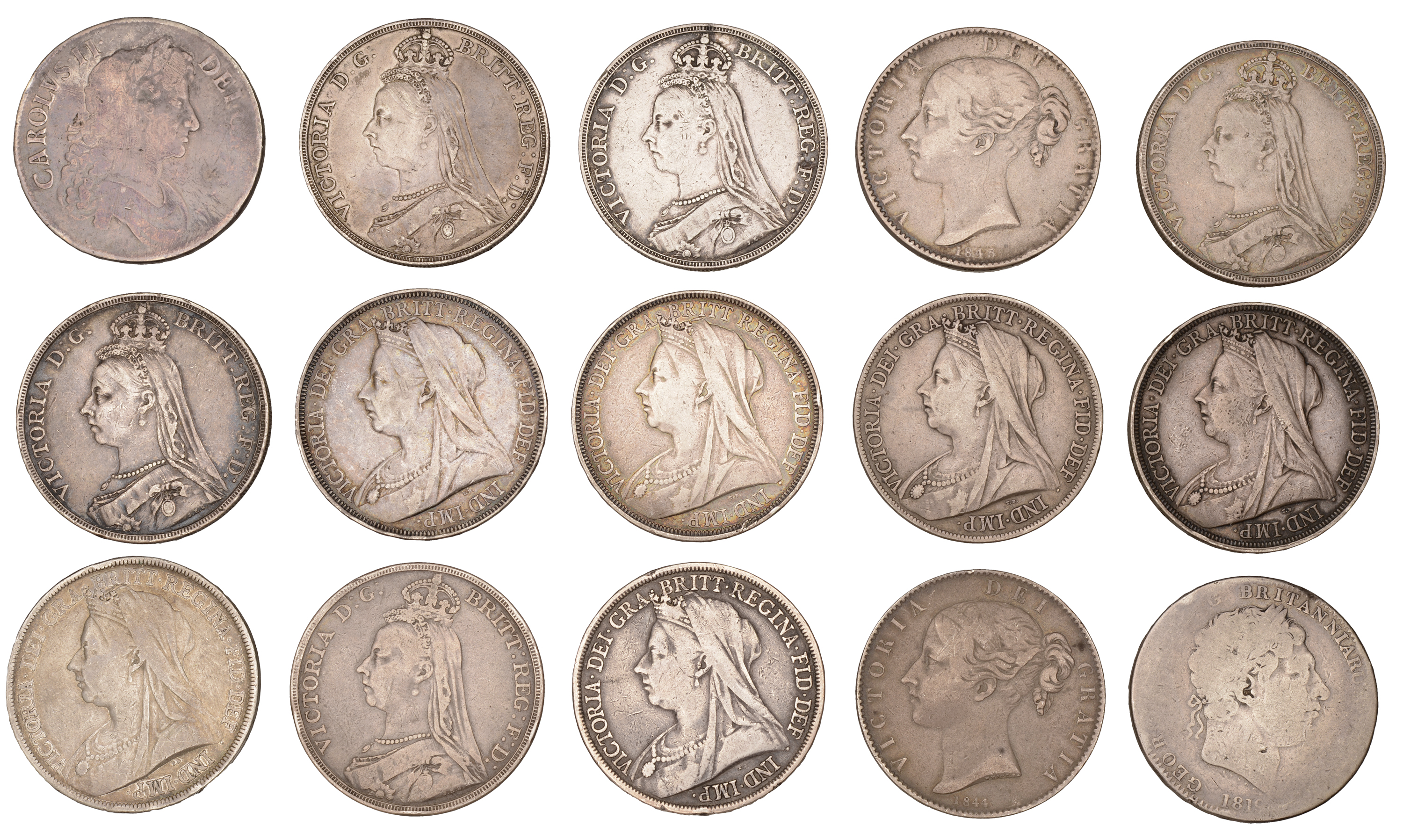 Charles II to Victoria, Crowns (15), 1676, 1819, 1844, 1845, 1889 (2), 1891, 1890 (2), 1893...
