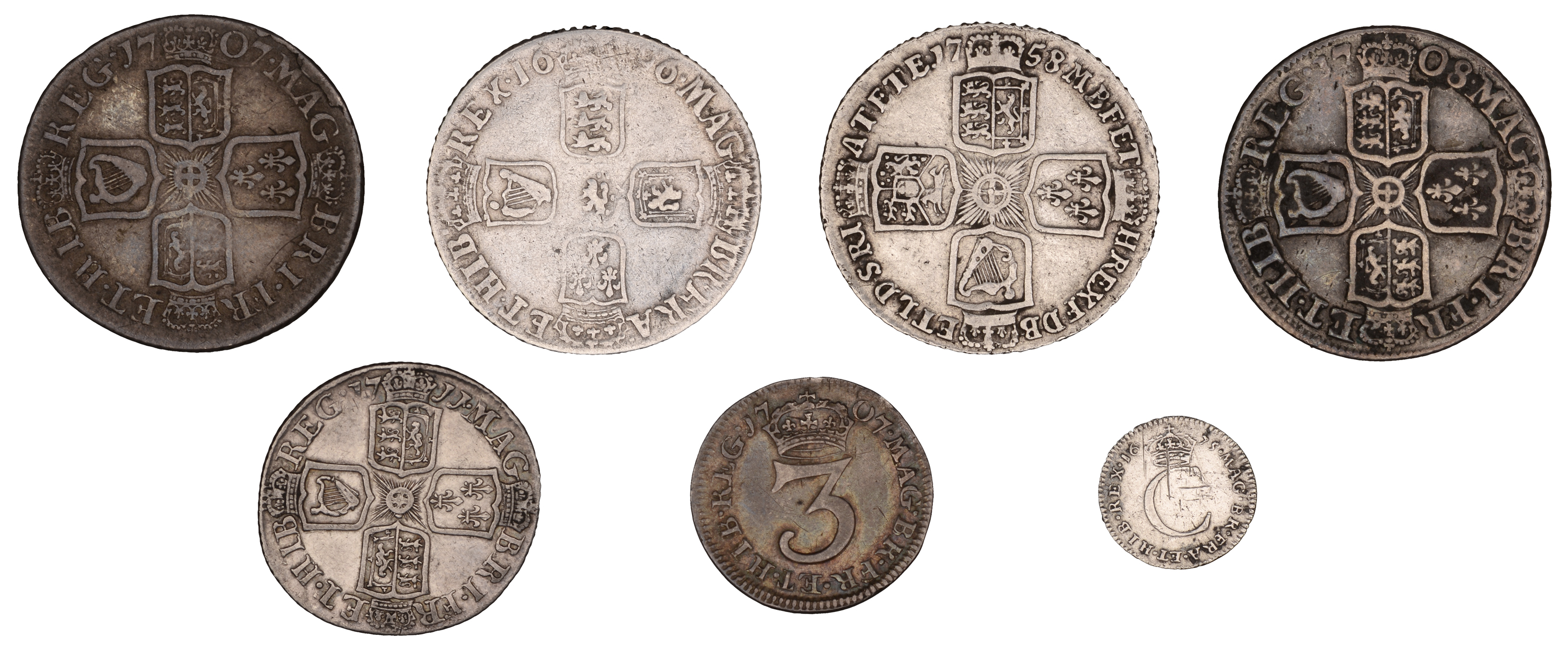 Charles II to George II, Shillings (4), 1696, 1707e, 1708, 1758; Sixpence, 1711, Threepence,... - Image 2 of 2