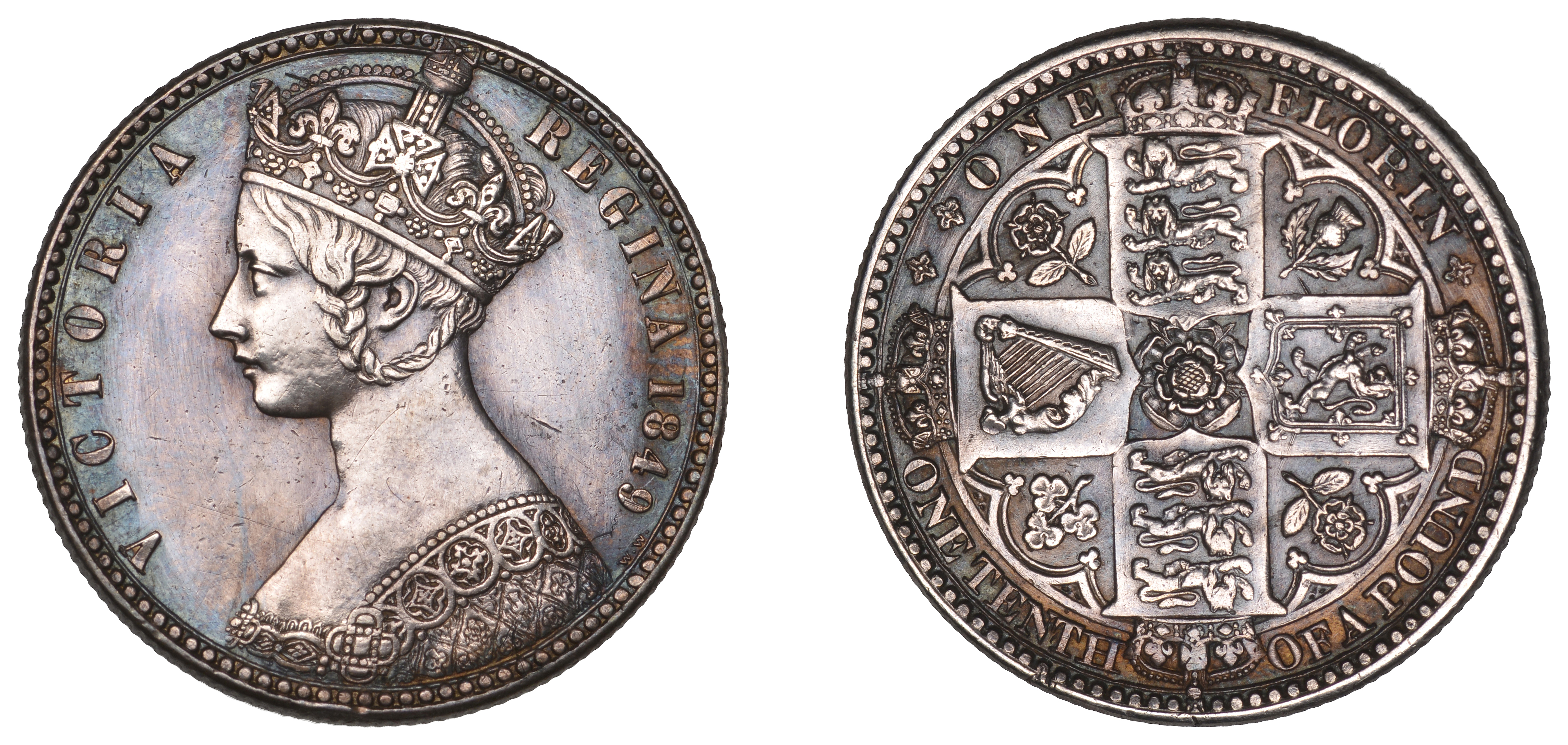 Victoria (1837-1901), Florin, 1849, with initials (ESC 2815; S 3890). Minimal hairlining, ex...