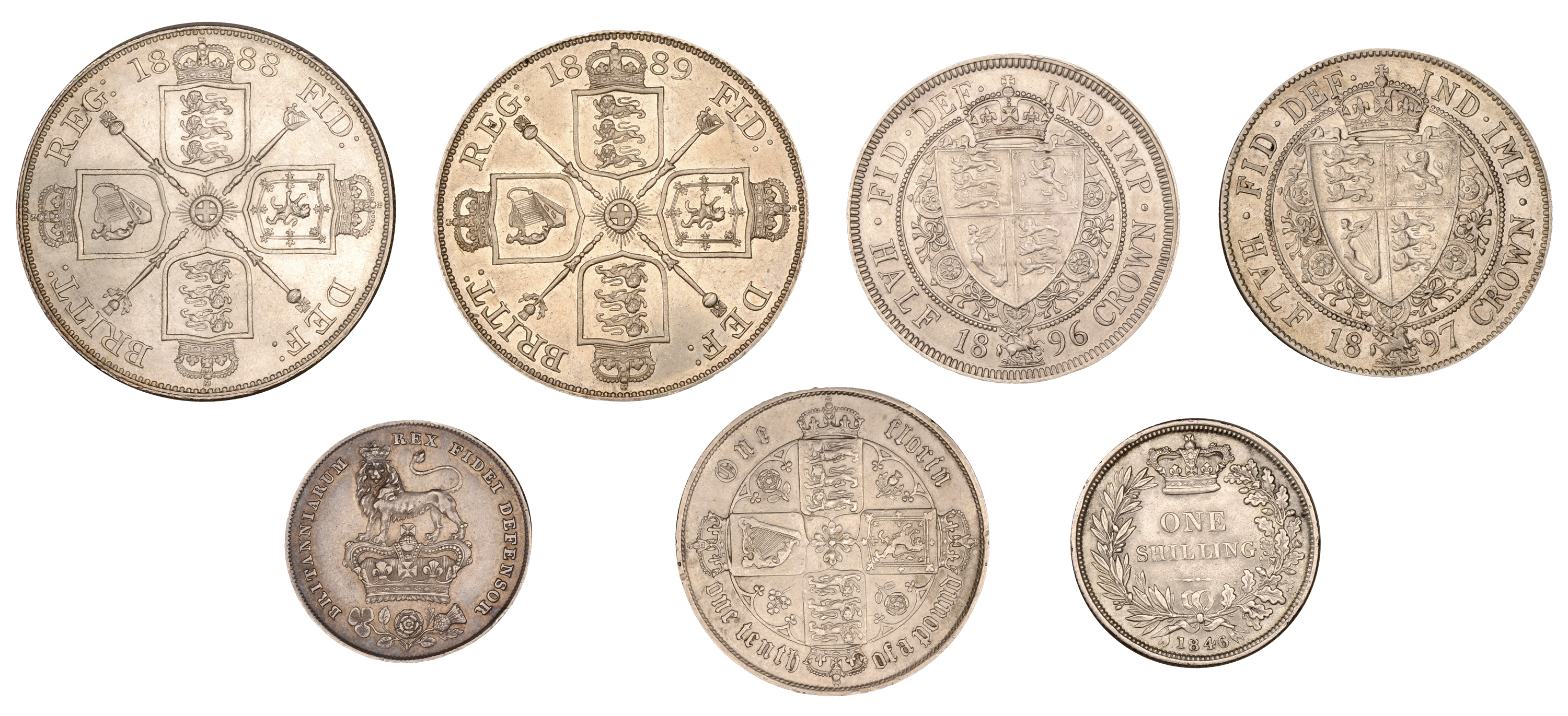 George IV, Shilling, 1829 (S 3812); Victoria, Double Florins (2), 1888, 1889 (S 3923); Halfc... - Image 2 of 2