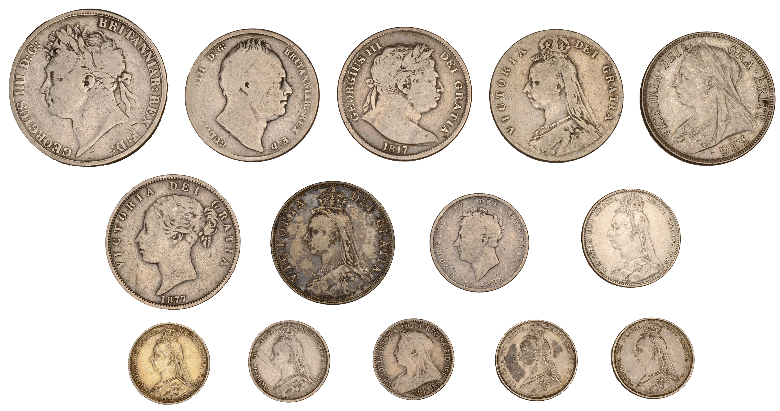 George III - Victoria, silver coins (14), various denominations [14]. Varied state Â£100-Â£150